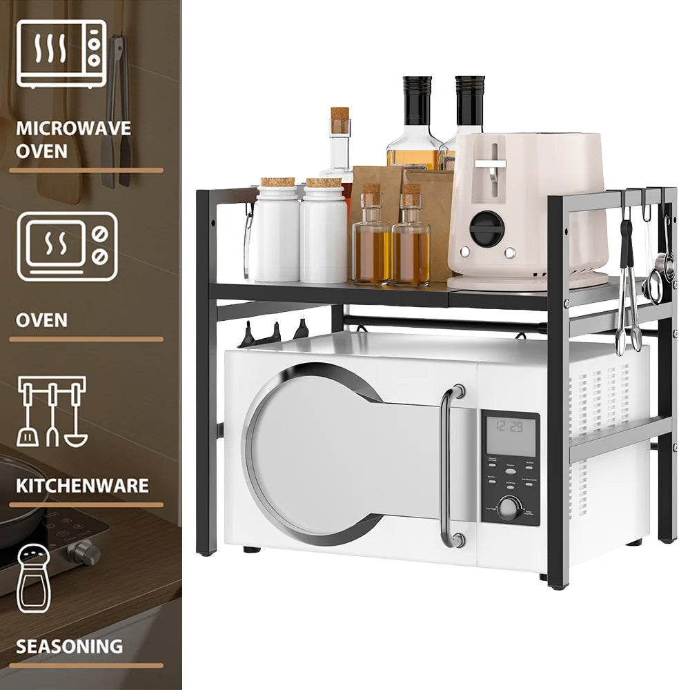 Expandable Microwave Rack, 2 Tier Microwave Rack with 6 Hooks, Microwave Rack, Baking Rack, Kitchen Countertop Organiser