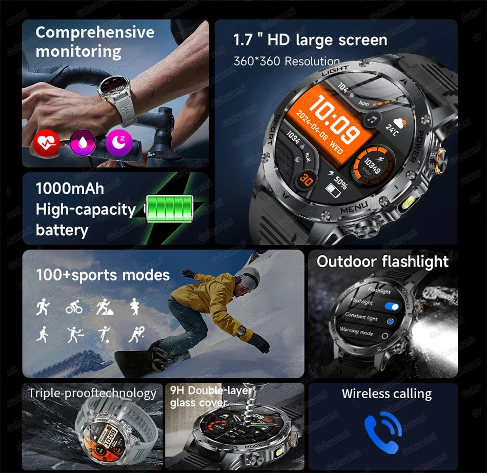 2025 New Military Grade Men 1000mAh Super Large Battery Smart Watch GPS 3ATM Waterproof Bluetooth Call Sports Fitness Smartwatch