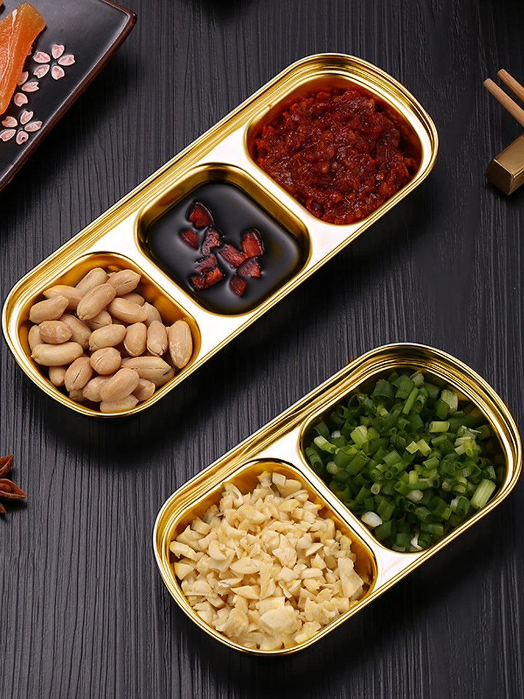 1/4 Pcs Stainless Steel Divided Seasoning Sauce Dip Bowl, 1/2/3/4 Compartment Korean Ketchup Sauce Bowl, Vinegar Soy Spice Condiment Tray for Home Restaurant
