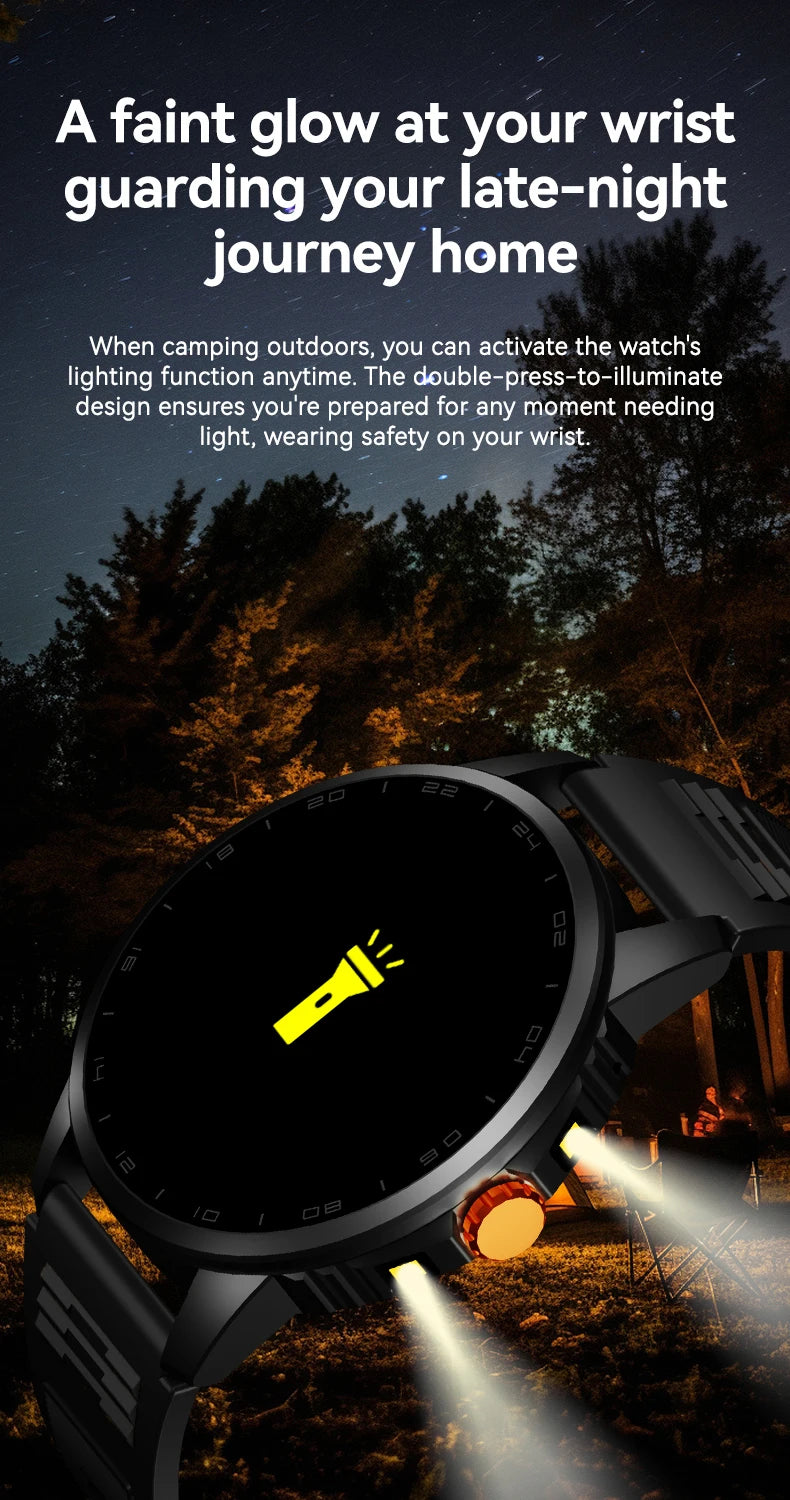 2026 Men's Smart Watch LED Outdoor Flashlight Bluetooth Call Multifunctional Sports Fitness Tracker Large Capacity Battery