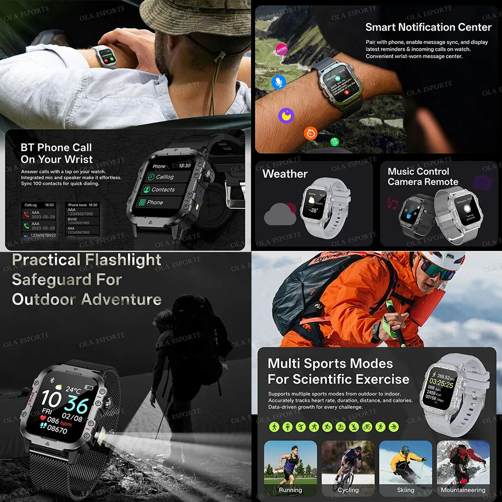 New Military Smart Watch Men Health Monitor 5ATM Waterproof Outdoor Sport Tracker BT Voice Call LED Flashlight Smartwatch HW12