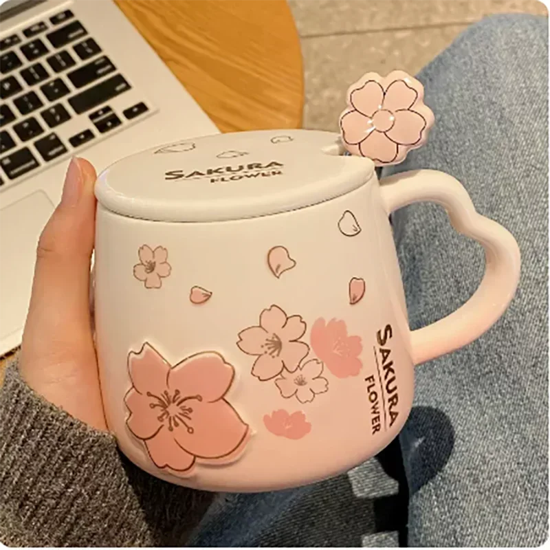 New High Beauty Mug with Lid Spoon Sakura Powder Household Lovely Breakfast Lovers Milk Coffee Mug Ceramic Mug