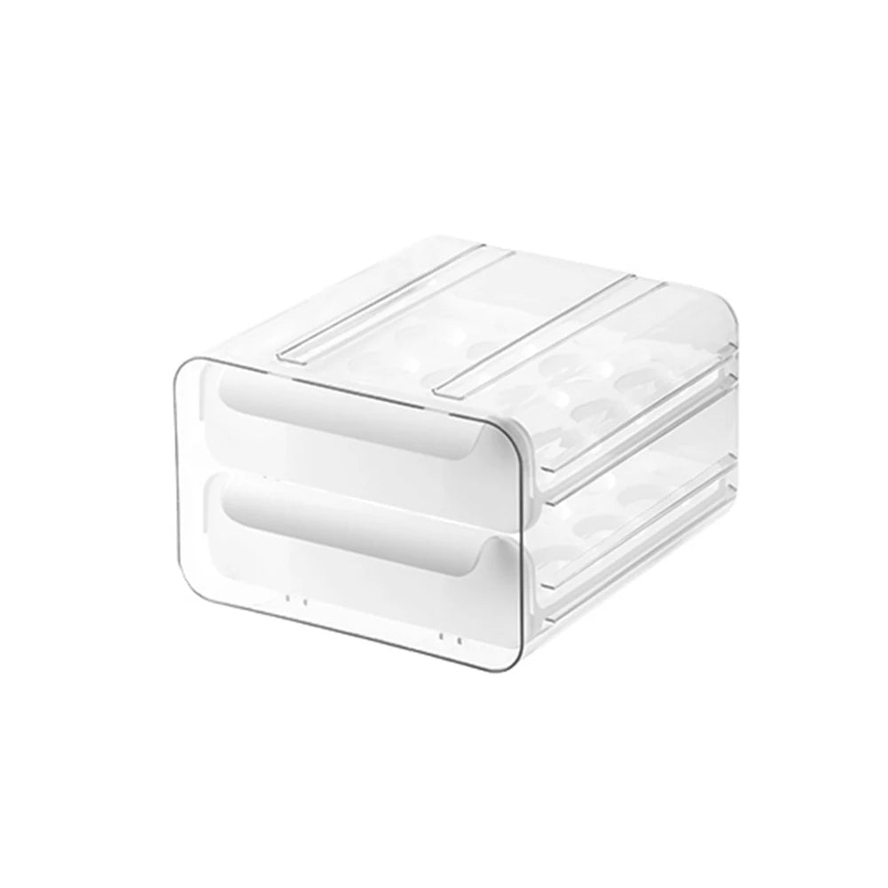 Double-Layer Egg Storage Drawer Box, Holds 32 Eggs, Transparent Body, Easy Access, White