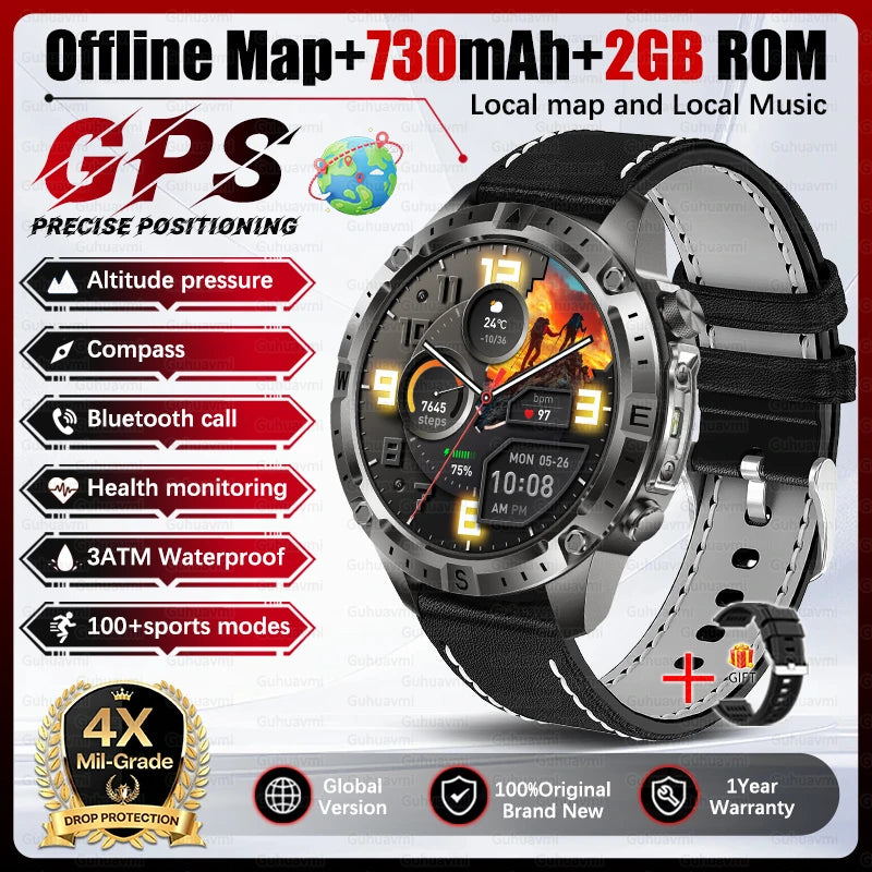 2026 Outdoor GPS Smart Watch Men 2GB ROM Offline Map 730mAh Battery 3ATM Waterproof Compass Altimeter Health Monitor Smartwatch