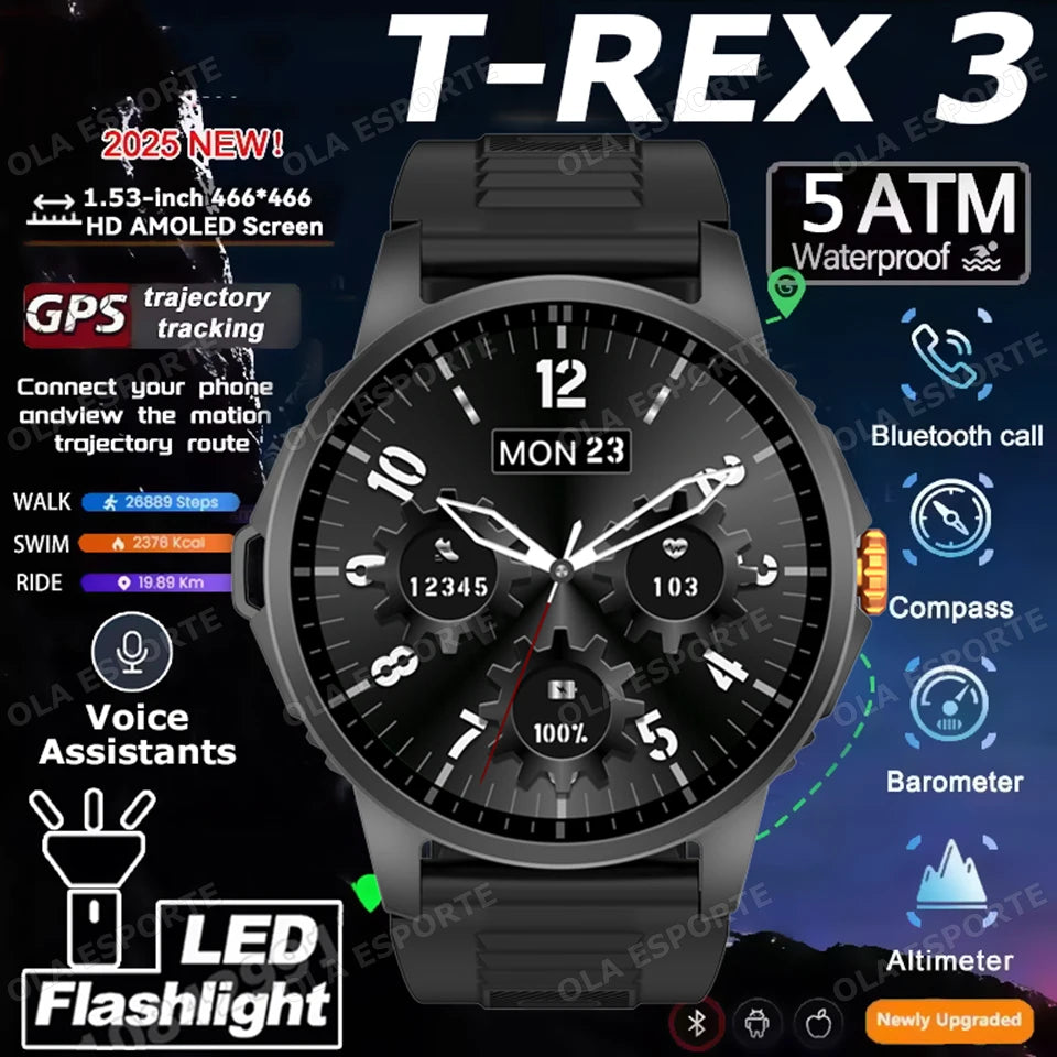 2025 New Men's GPS Sports Smart Watch 1.53'' AMOLED Display LED Flashlight Heart Rate Bluetooth Call 5ATM Waterproof Smartwatch