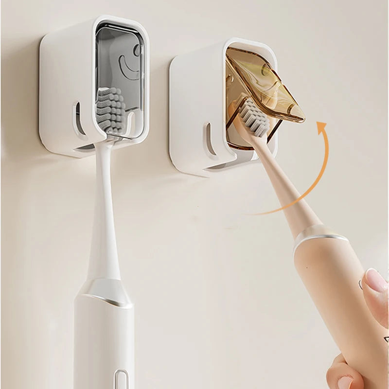 2PCS Toothbrush Holder Flip-top Wall Mounted Toothbrush Rack Dustproof Toothbrush Storage Box Bathroom Electric Toothbrush Shelf