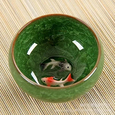 Chinese Porcelain Teacup Sets, Ceramic Double Fish China Tea Cup,Kung Fu TeaCup Set, Crackle Glaze, Travel Tea Bowl
