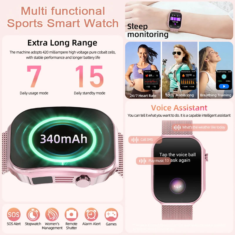 3D Curved Screen Smart Watch 2.2" Large HD Display Bluetooth Call Waterproof Flashlight Outdoor Sport Smartwatch Women 2026 New