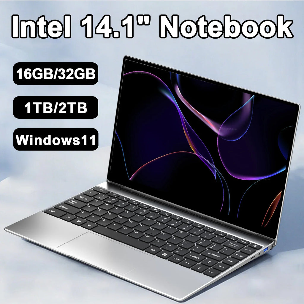 14.1 Inch Premium Ultra Thin Notebook 2026 Win11 DDR4 16GB/32GB RAM 2TB SSD Portable Business Laptop PC I9-9900 Intel N3700