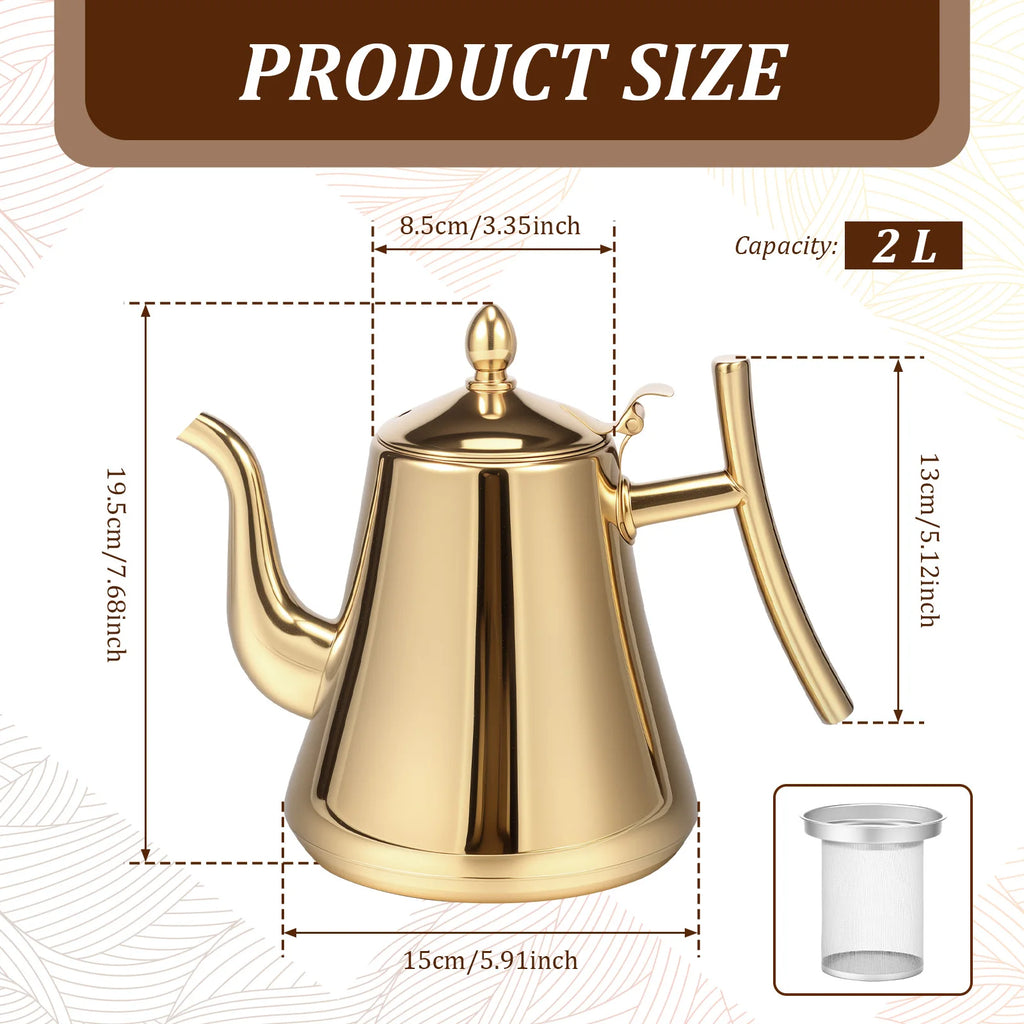 2L Stainless Steel Tea Pot Large Capacity Tea Kettle with Removable Strainer Induction Cookers Gas Stoves Water Pot Drinkware