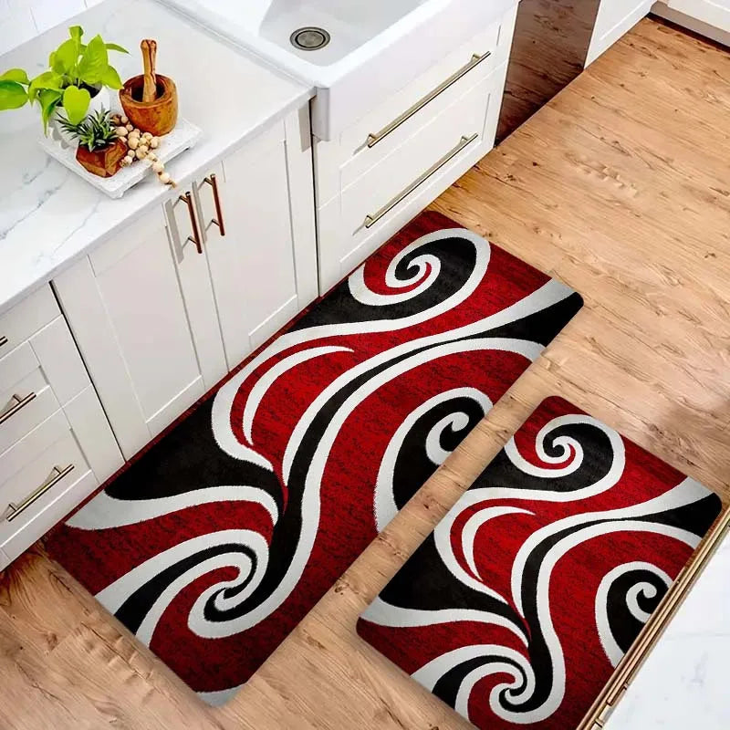 Red Pattern Kitchen Mat - Non-Slip Durable Polyester Rug for Porch Balcony Living Room, Modern Kitchen Floor Decor