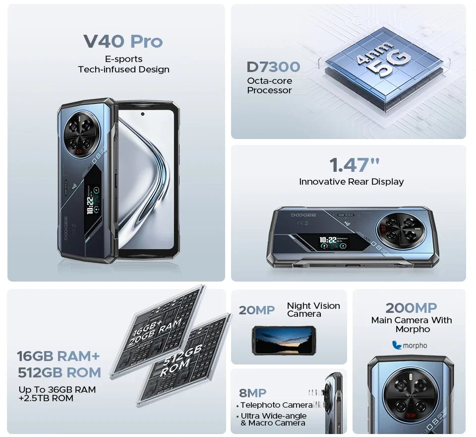 DOOGEE V40 Pro Rugged Phone 6.78" IPS Display  36GB(16+20) 512GB Smartphone 5G 200MP Al Camera 8680mAh Dimensity 7300 Android 14