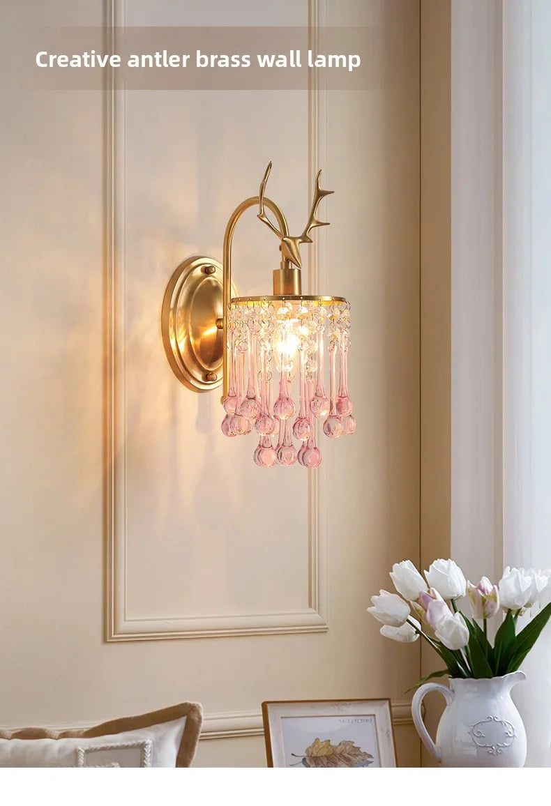Crystal Wall Lamp - LED American Retro Bedroom Staircase Living Room And Background Wall Light Charging Function Without Wiring