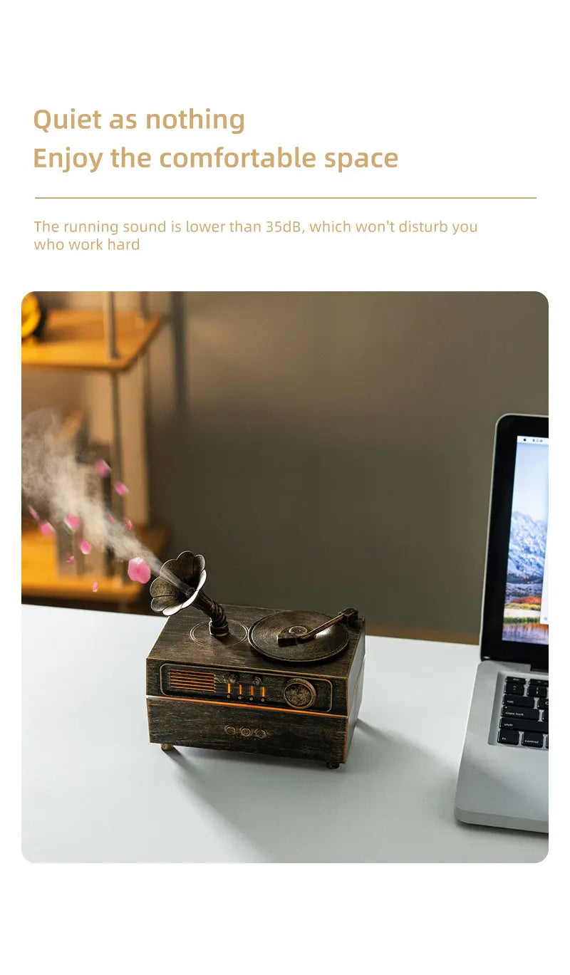 5V Retro Phonograph Bluetooth Speaker Humidifier Ultrasonic Aroma Diffuser Rotating Colorful Light Remote Essential Oil Atomizer