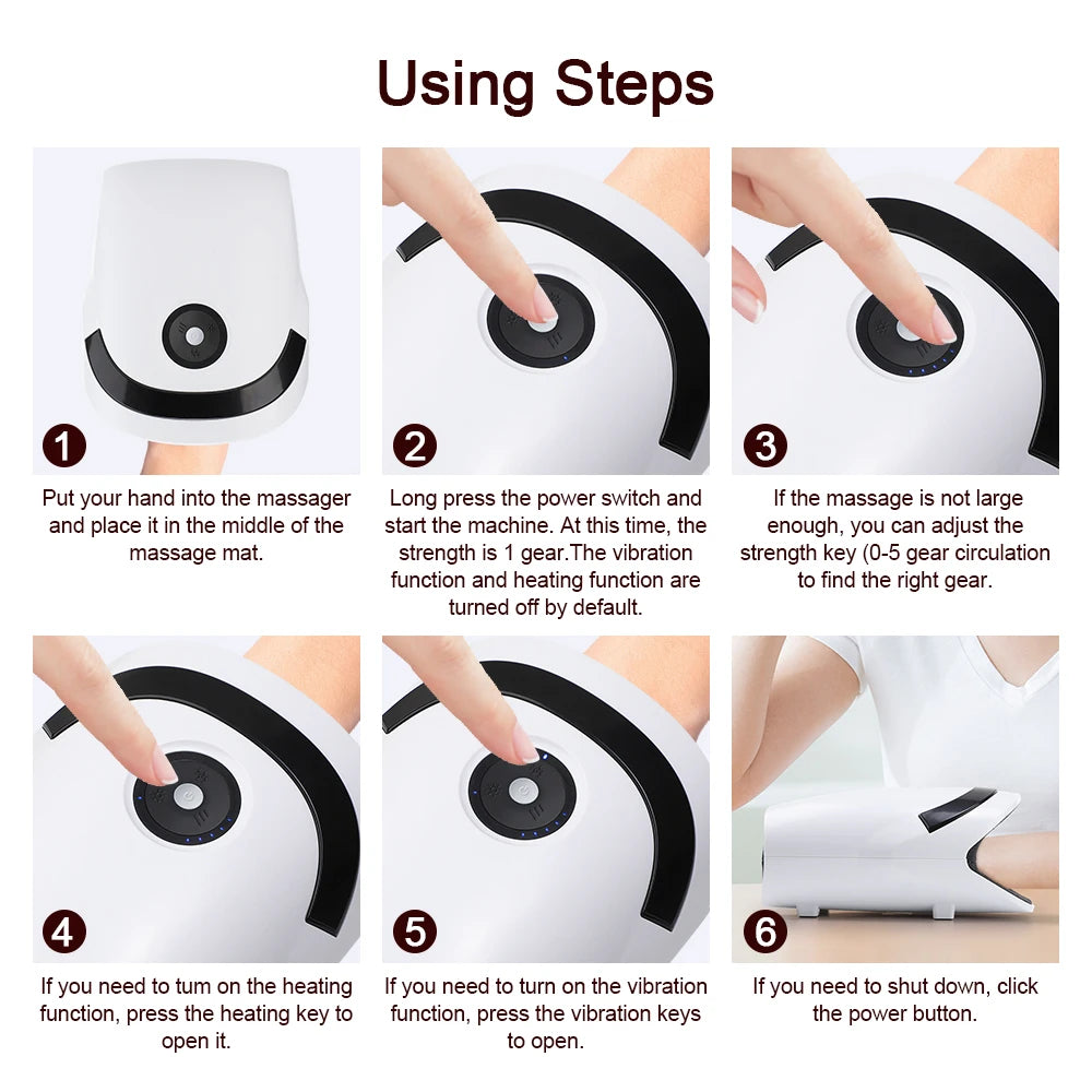 Cordless Hand Massager Machine for Wrist Arthritis Vibartion Heat and Pressure Acupoint Physiotherapy Palms Finger Compression