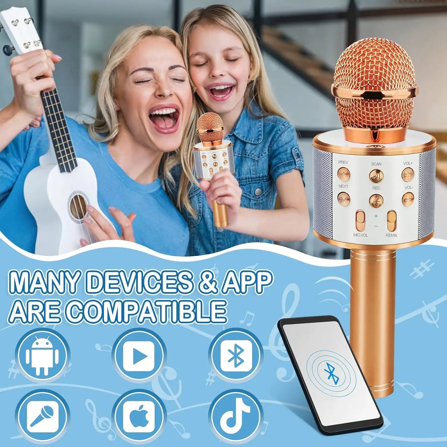 Wireless Bluetooth Karaoke Microphone for Kids, 5-in-1 Portable Handheld Karaoke Mic Speaker Player Recorder with  FM Radio