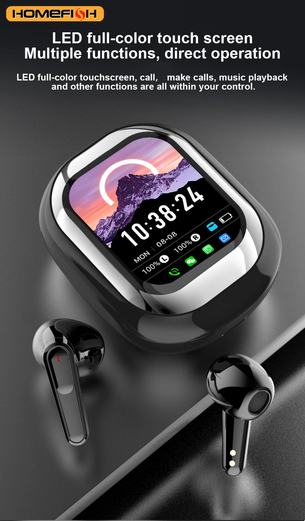 SE-ONE smart headphones with LED full-color sliding touch screen support wireless TWS headphones for receiving APP information.