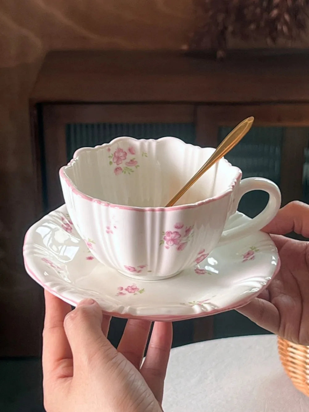 European Pink Cherry Blossoms Mugs Porcelain Cup&saucer Tableware Coffee Mug Dining Table Afternoon Tea Teacup Fruits Juice Cup