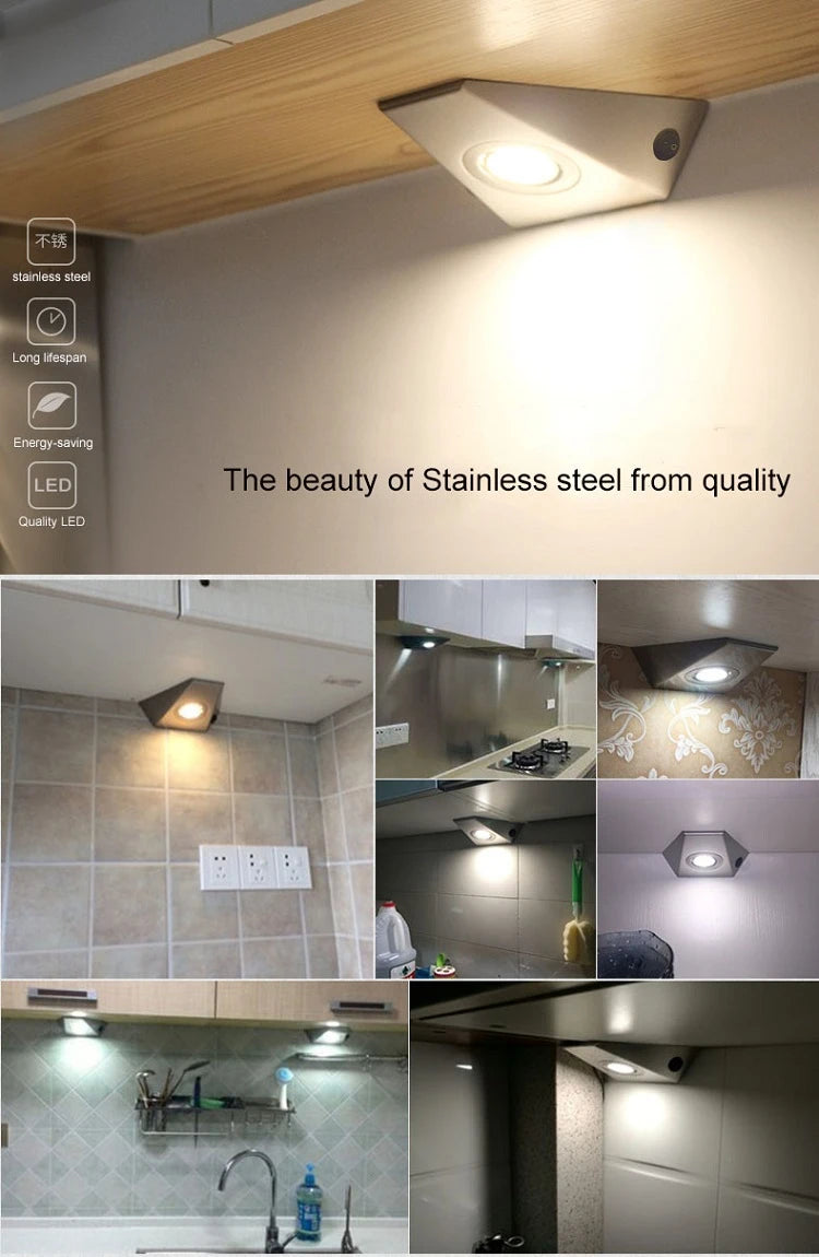 Geometric Stainless Steel Cabinet Light with Switch for Kitchen Wardrobe Bookshelf Lighting Creative Triangle Indoor Wall Lamp