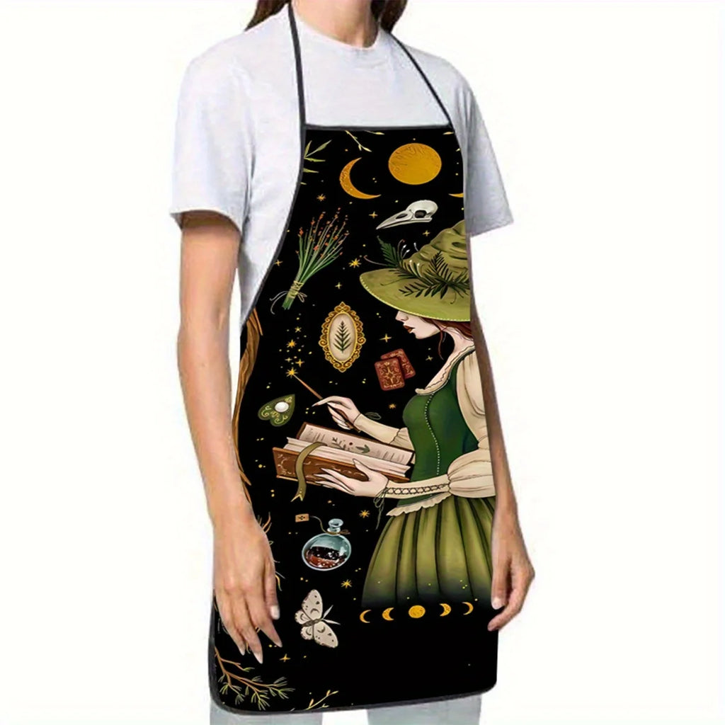 1pc Large Witch Reading Spellbook Apron - Gothic Witch Design with Magical Items Dark Green Black Kitchen Apron for Halloween