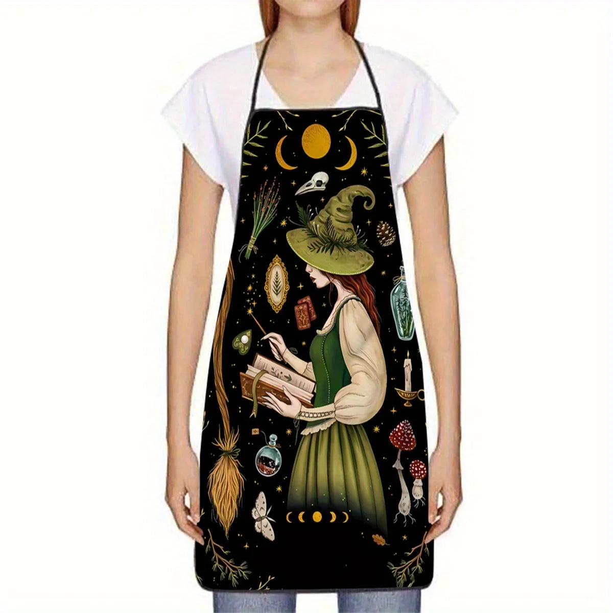 1pc Large Witch Reading Spellbook Apron - Gothic Witch Design with Magical Items Dark Green Black Kitchen Apron for Halloween