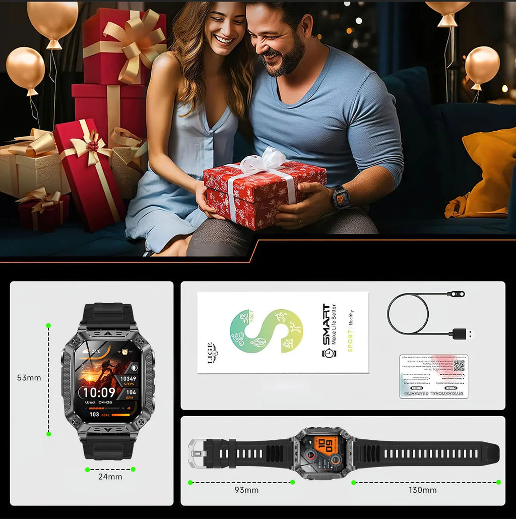 2026 New Military Grade 1400mAh Battery Smart Watch GPS Tracks 5ATMWaterproof Flashlight Heart Rate 2.1" Durable Smartwatch Men