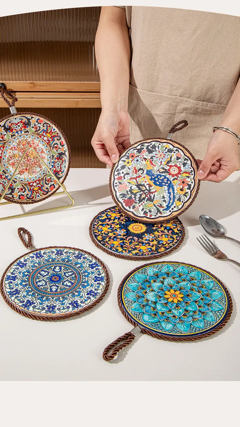 HeMu Bohemian Style Ceramic Pot Holders,Mandala Pattern Heat Resistant Trivets,Hanging Kitchen Coasters with Rope for Hot Dishes