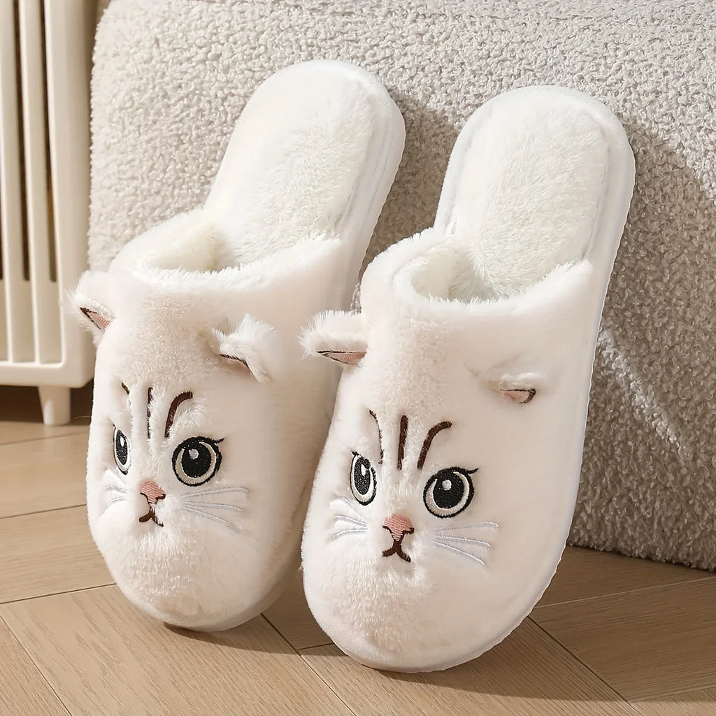 Womens Plush Cat Slippers Winter Warm Cozy Indoor House Shoes Soft EVA Sole Non-Slip Design