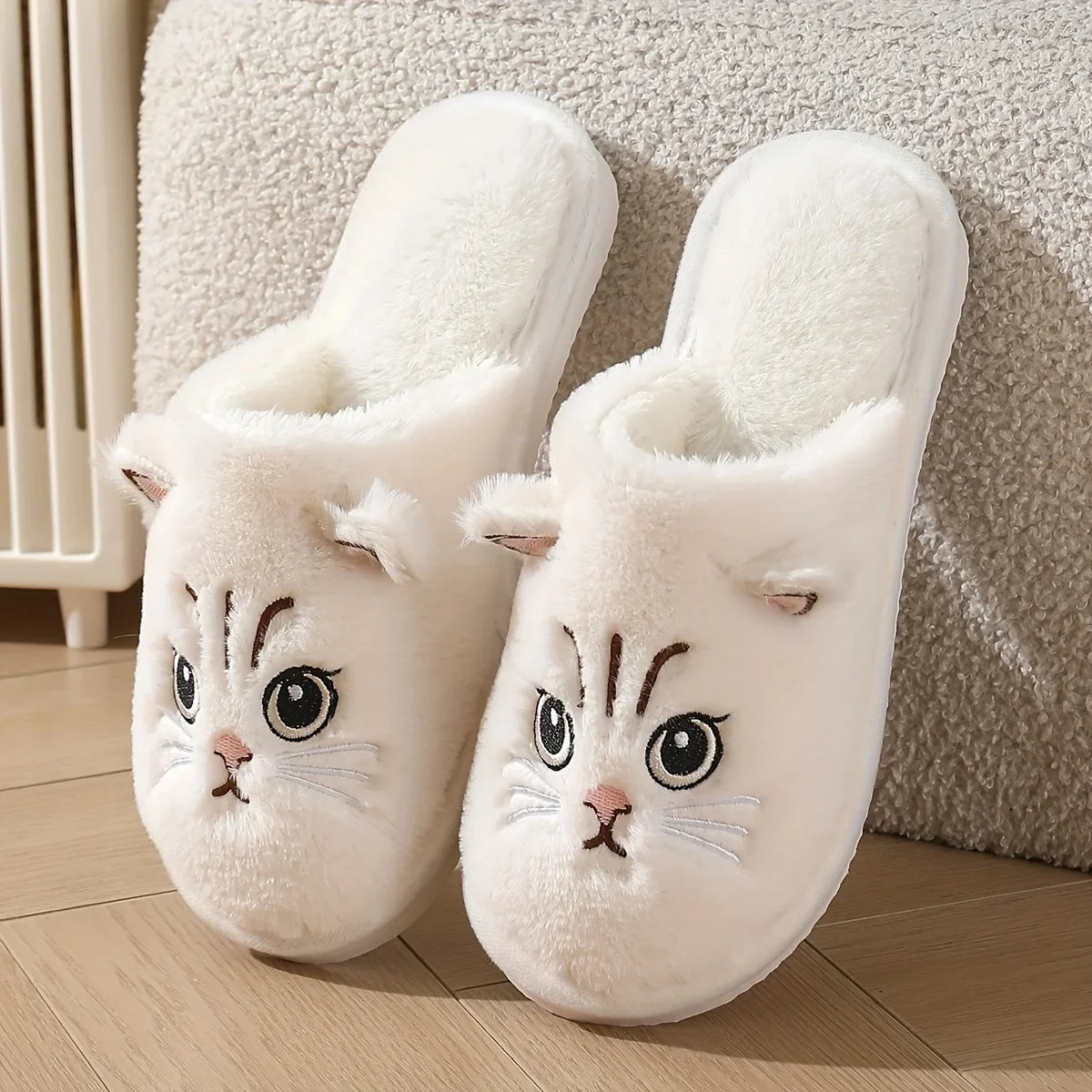Womens Plush Cat Slippers Winter Warm Cozy Indoor House Shoes Soft EVA Sole Non-Slip Design