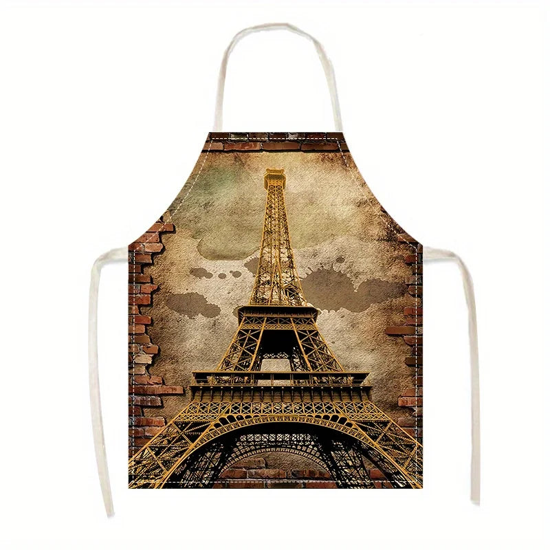 1 piece vintage iron tower print apron, household kitchen cooking/durable cleaning work apron party and holiday decorative apron