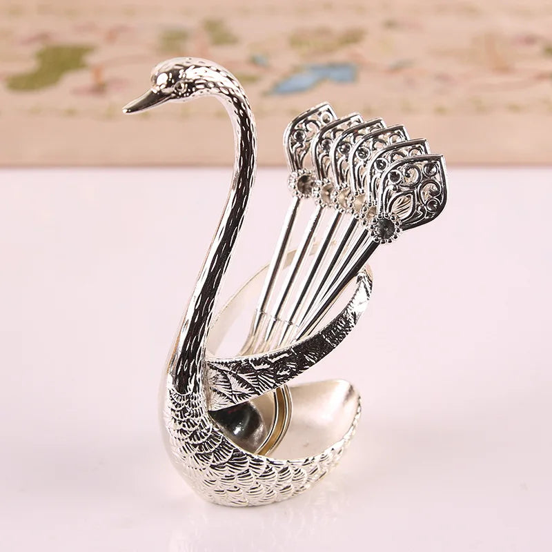 Ice Cream Cake Coffee Tea Stirring Spoons Dessert Swan Holder Cutlery Spoons Set Cutlery Kitchen Tableware 1 Set of 7 Pieces