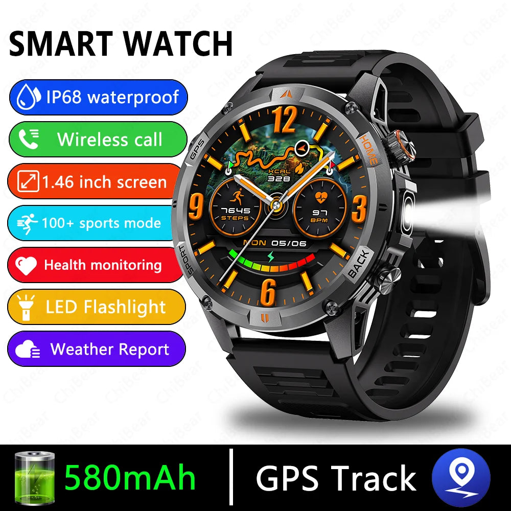 2025 New Professional GPS Sports Smart Watch Outdoor RIDE Run GPS track Swim Watchs Compass 3ATM Sports Bluetooth Call Watch Men