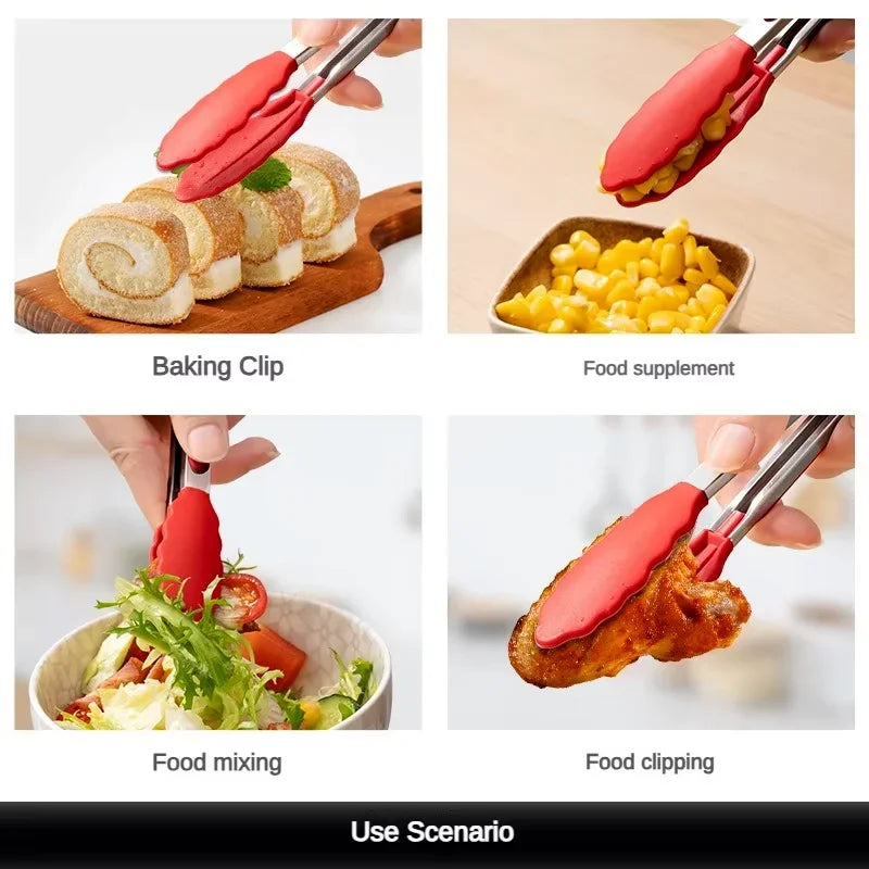Anti Slip Cooking Serving Tongs Stainless Steel Food Clip Bread Salad Tong Heat-Resistant Barbecue Clips Kitchen Cooking Tool
