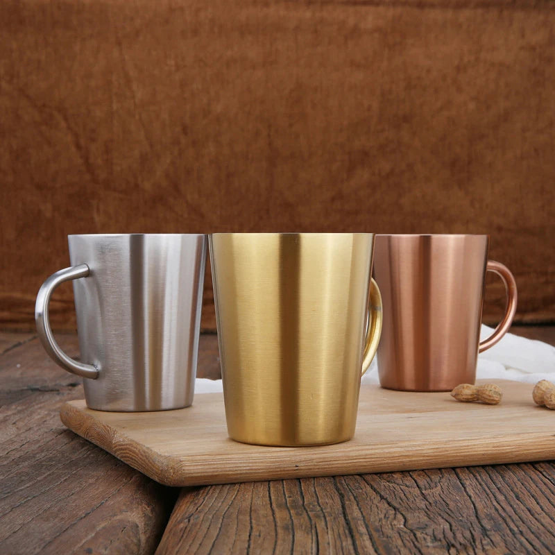 304 Stainless Steel Beer Cup Double-Layer Water Cup Home Dining Drinkware Mugs Gold Sliver Coffee Mugs With Handle 300ml