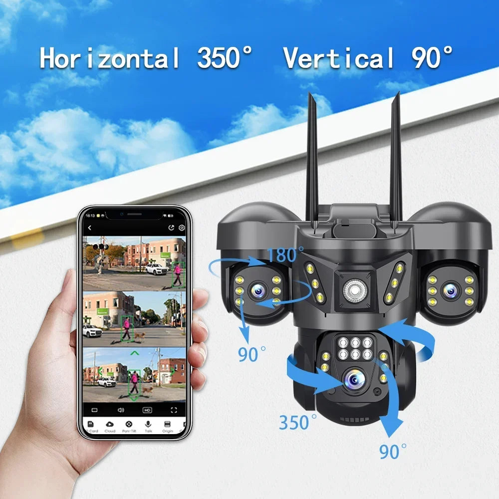 15MP 8K WIFI IP Camera 10X Zoom Triple Lens Outdoor Triple Screen PTZ Cam Waterproof CCTV Auto Tracking Security Surveillance