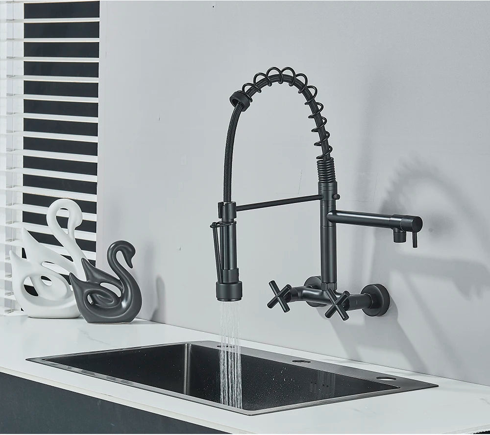 Gold Black Kitchen Faucet Wall Mount Pull Down Tap Vessel Sink Hot Cold Water Mixer Tap Spring Dual Swivel Spouts Sink Crane