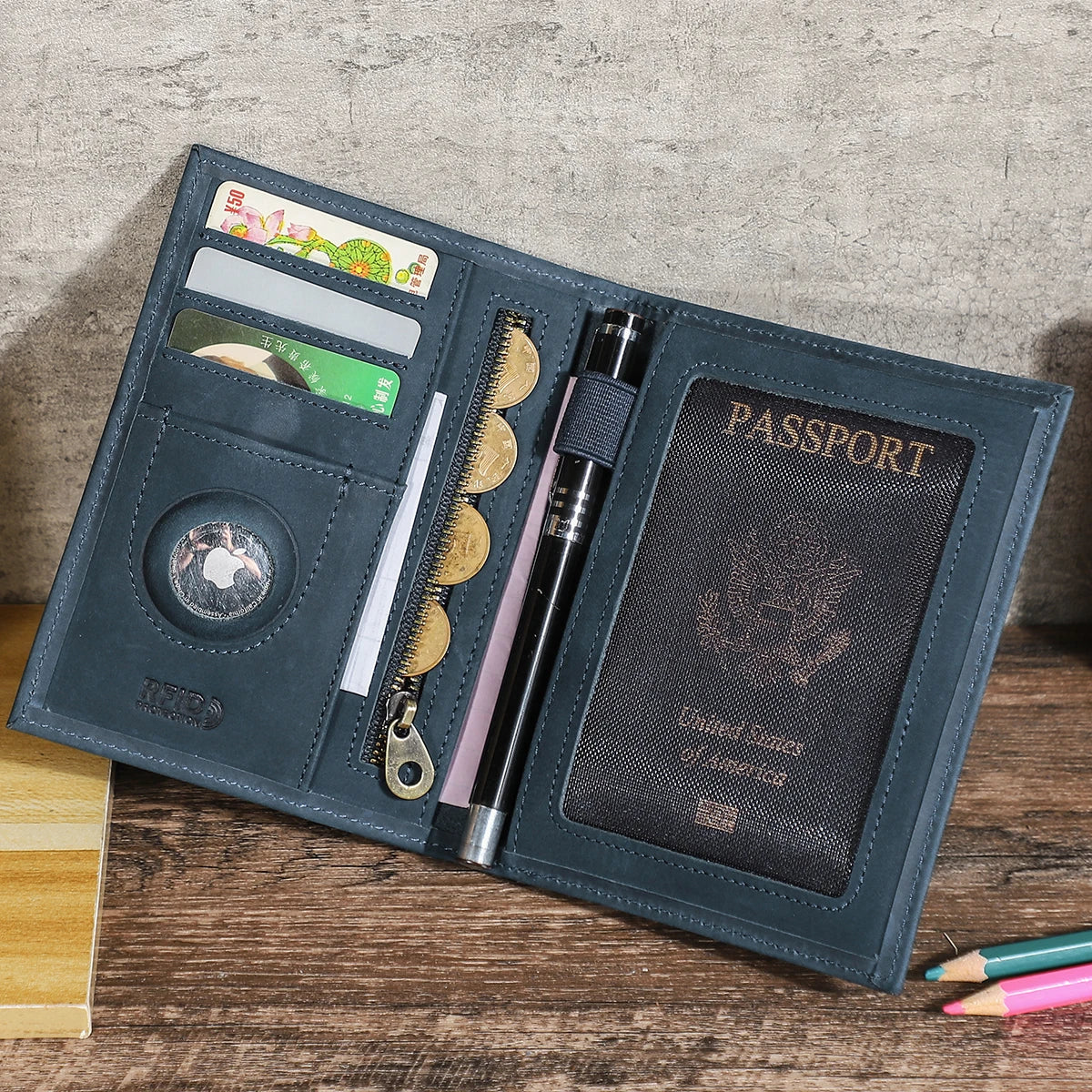 CONTACT'S Genuine Leather Passport Wallet Card Holder Coin Purse AirTag Slot Men Travel Wallet Women‘s Purse Passport Cover Bag