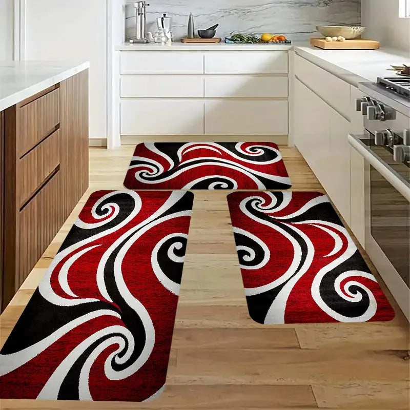 Red Pattern Kitchen Mat - Non-Slip Durable Polyester Rug for Porch Balcony Living Room, Modern Kitchen Floor Decor