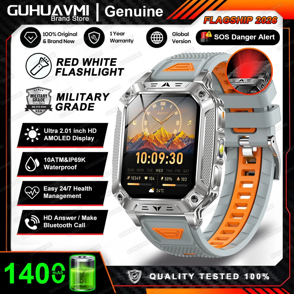 2026 New Military Grade 1400mAh Battery Smart Watch GPS Tracks 5ATMWaterproof Flashlight Heart Rate 2.1" Durable Smartwatch Men