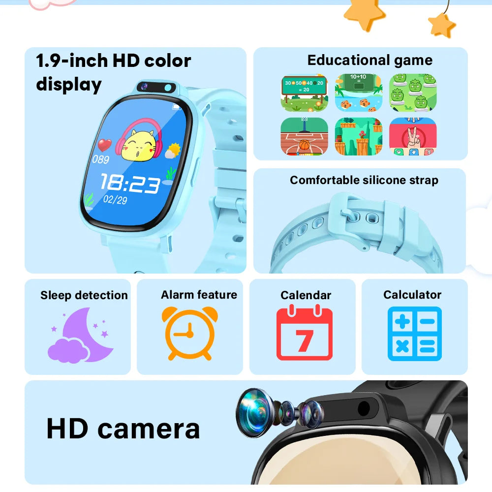 LAXASFIT Kids Smart Watch HD Touchscreen Front Camera Sleep Tracking 18 Educational Games Alarm Clock Holiday Gift For Children