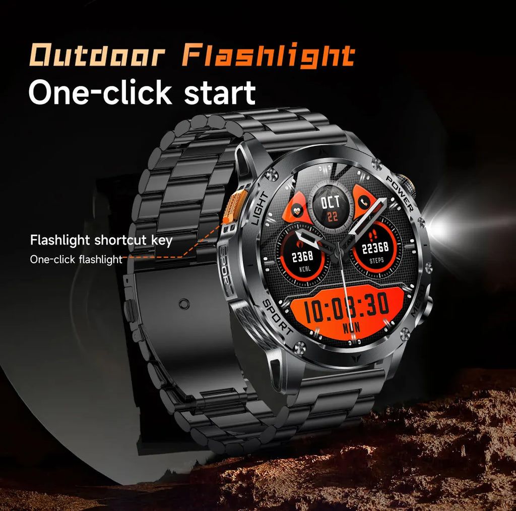 2026 New Military Smart Watch 1000Mah Battery Fitness Tracking 10ATM Waterproof Tactics Sport Flashlight call Bracelet For Men