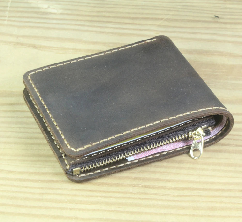 Luxury Handmade Genuine Leather Men Wallet Bifold Purse Male Wallets Short Money Clip Vintage Leather Money Bag with zip pocket