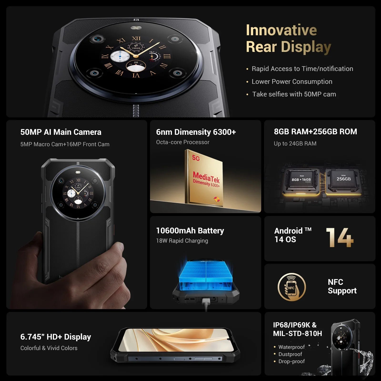 Fossibot F109 Smartphone 8GB 256GB 5G Rugged Phone 10600mAh 6.745" Display 50MP Camra Dual Screen Face Unlock Android 14 NFC
