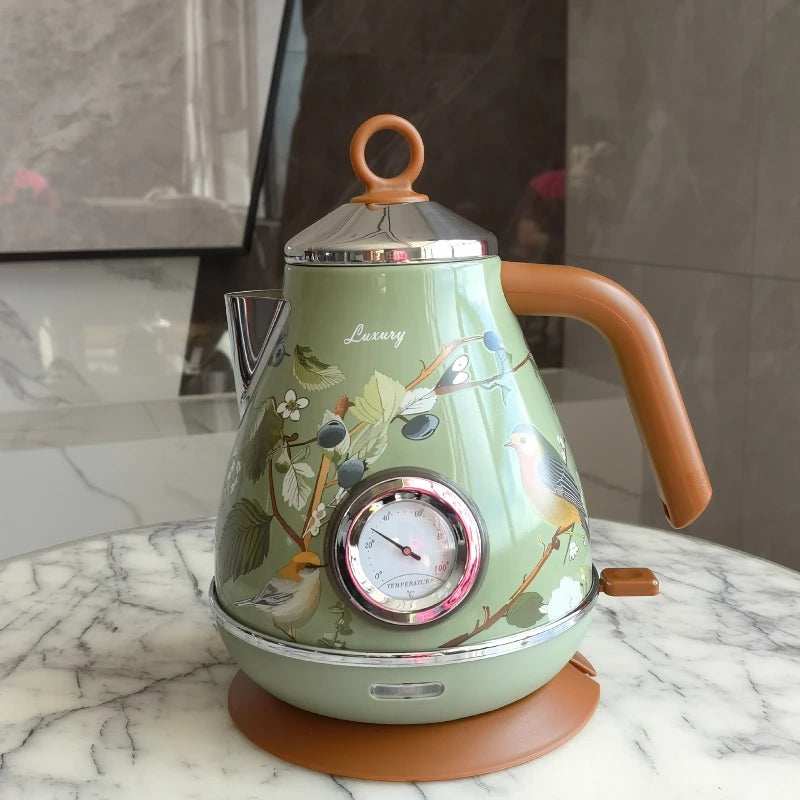 Automatic Power Off Retro Green Paint Decal Electrc Kettle Boiling Water with Thermometer 304stainless Steel 1850w 1.7L