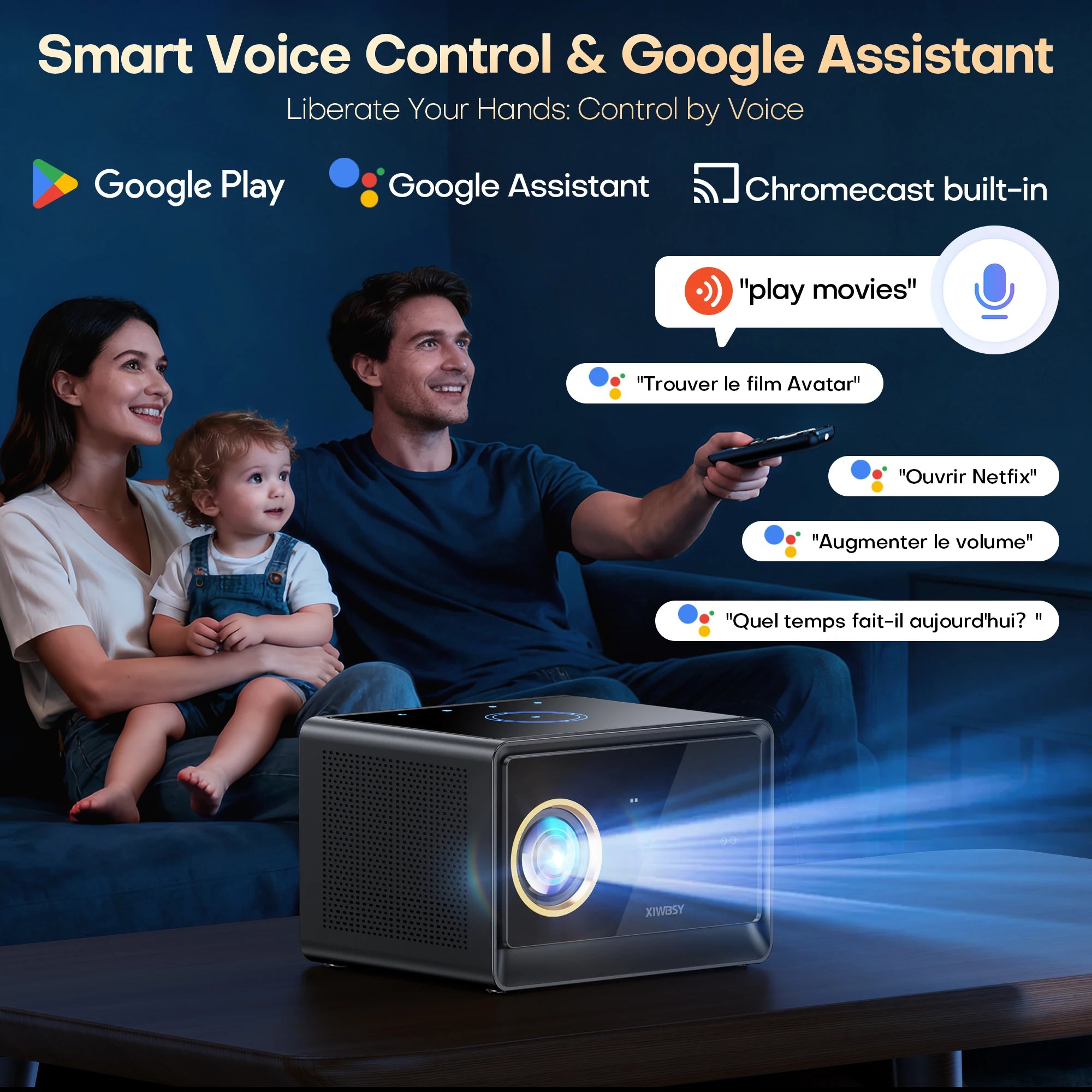 XIWBSY 4000ANSI Google TV Projector 4K Android 14.0 Sealed Optical Projector 52000Lumens WiFi6 Projector Google Voice Assistant