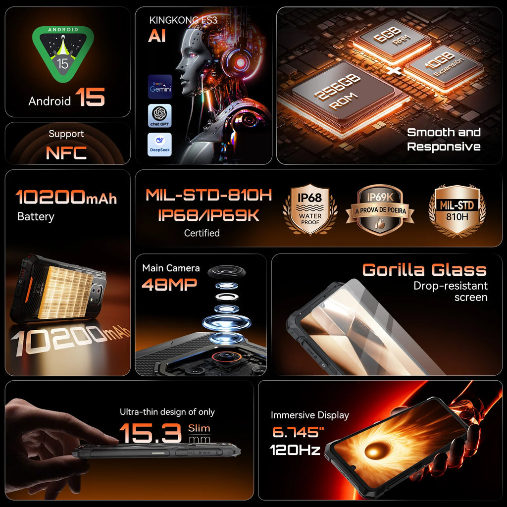 Thin Rugged Smartphone Android 15 Cubot KingKong ES 3, 10200mAh Battery, 16GB RAM(6+10), 256GB ROM, 6.745-Inch 120Hz Screen, NFC