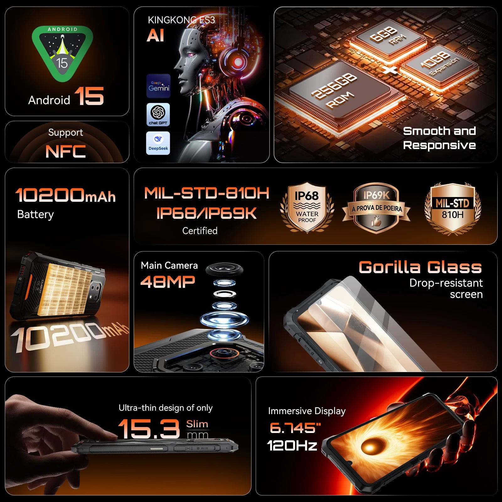 Thin Rugged Smartphone Android 15 Cubot KingKong ES 3, 10200mAh Battery, 16GB RAM(6+10), 256GB ROM, 6.745-Inch 120Hz Screen, NFC