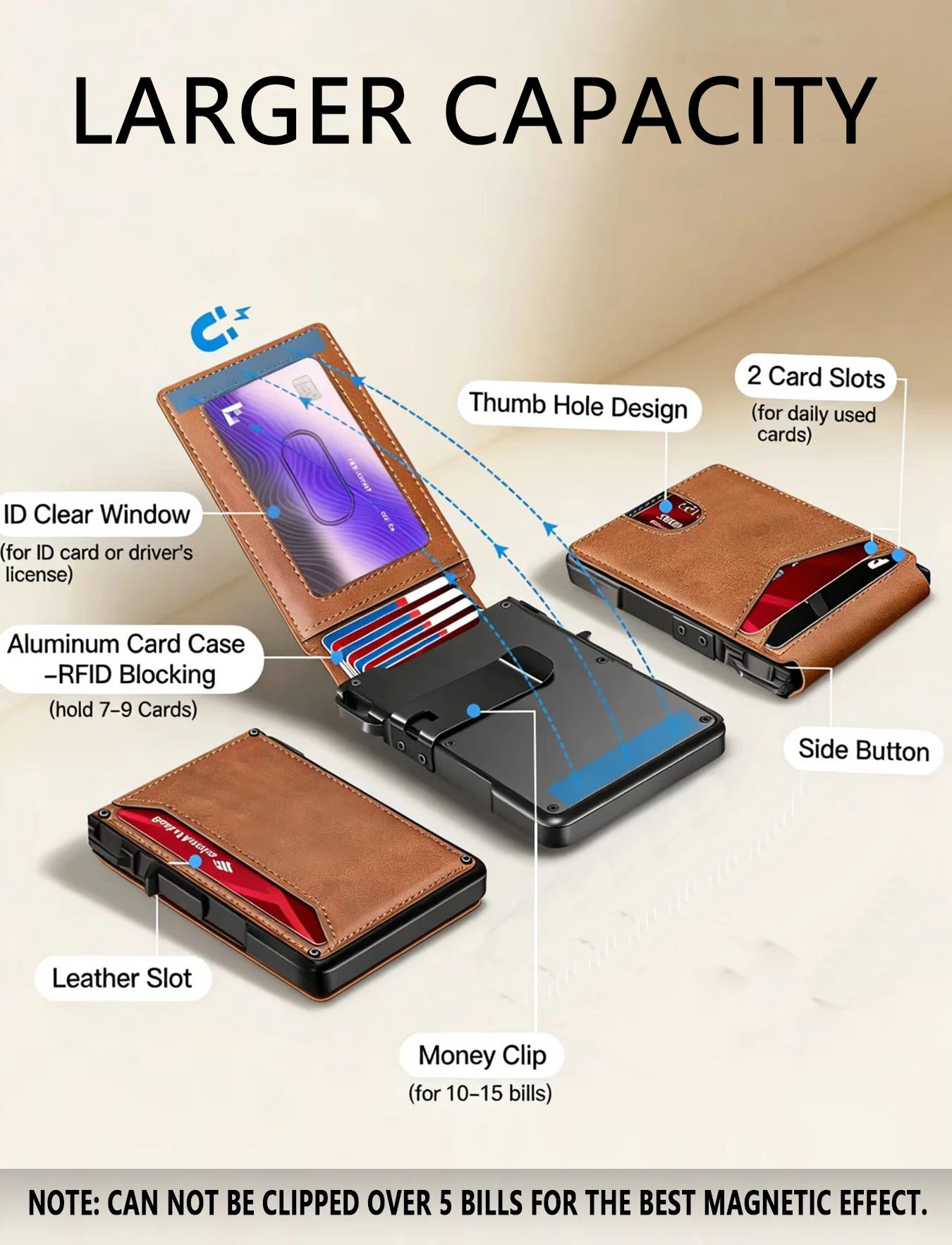 Men RFID Blocking Slim Minimalist Wallet Leather Bifold Front Pocket Purse with Pop-Up Magnetic Closure Money Clip Card Holder