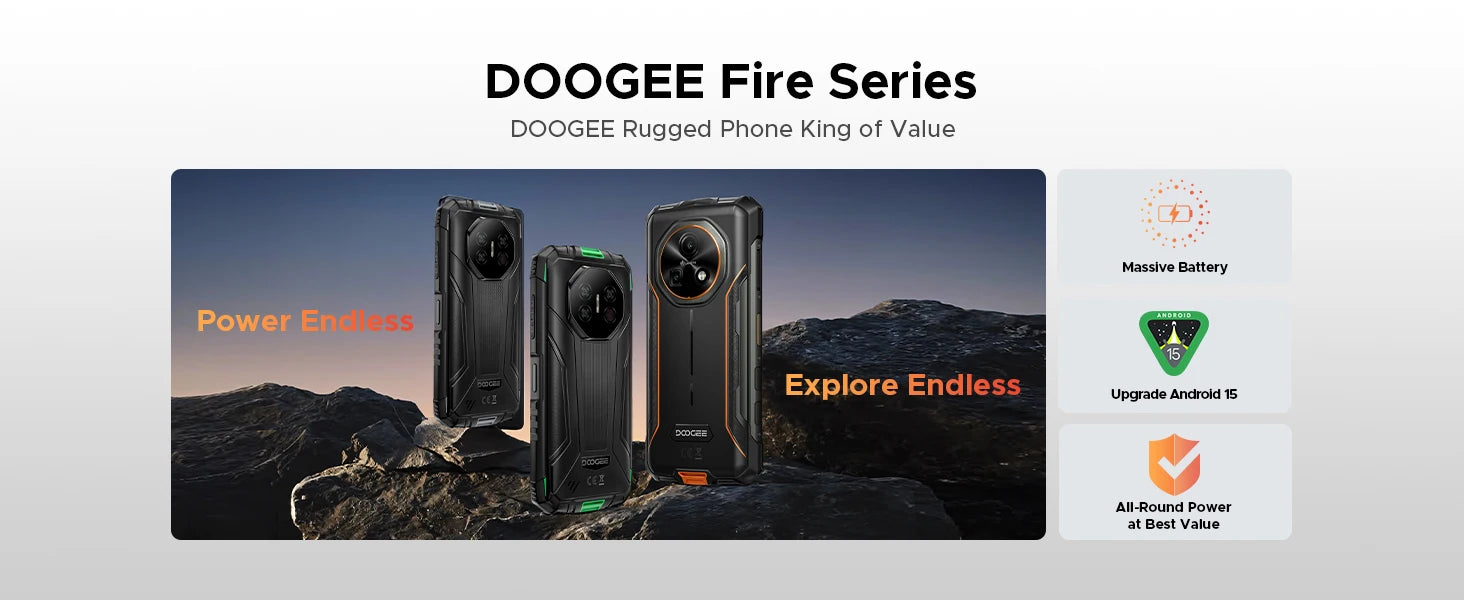 DOOGEE Fire 7 5G Rugged Phone Android 15 Gemini AI 13000mAh Battery 6.6'' Screen Dimensity 6300 64MP Camera  Smartphone NFC