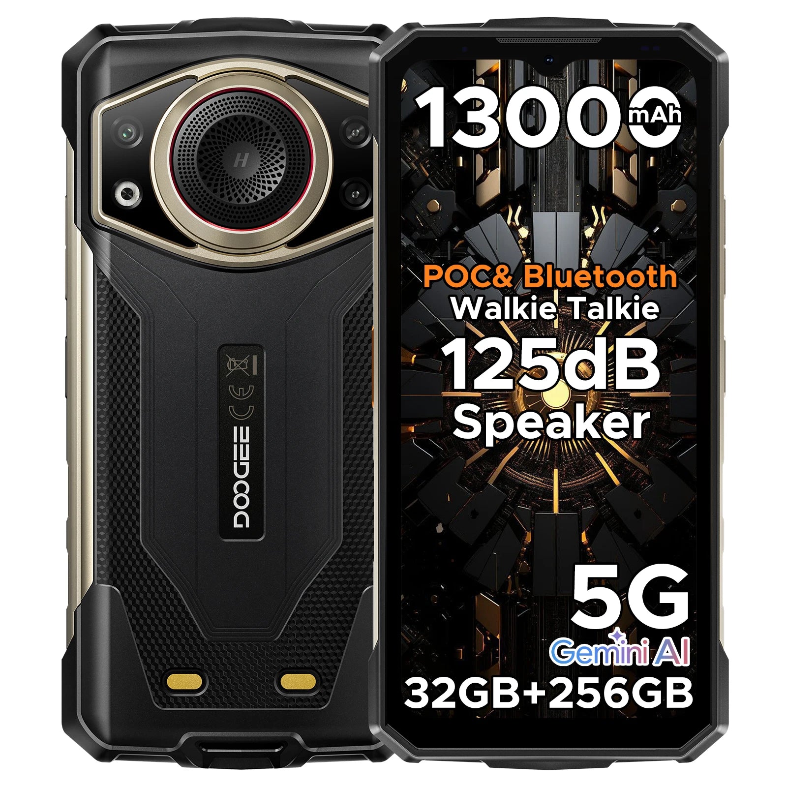DOOGEE Fire 7 Ultra 5G Rugged Phone 125dB Speaker 13000mAh Battery Support POC 6.6'' Screen 8GB 256GB Android 15 Smartphone